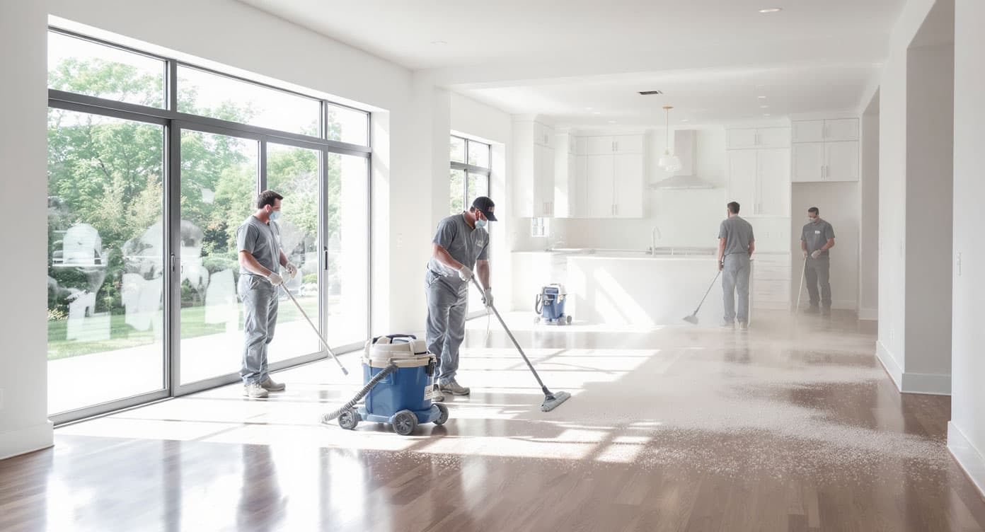 Cleaning crew working through a bright, empty property